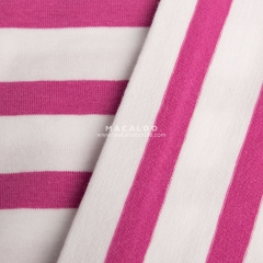 Pink and white yarn dyed feeder stripe knitted cotton spandex fabric