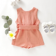 Wholesale new design bow belt cotton muslin baby girl clothes romper