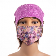 Custom well made glitter digital printing stretch cotton fabric ear saver button face mask headbands