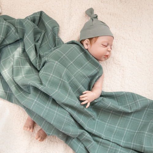 Sage green plaid print 100% cotton double gazue muslin baby blanket