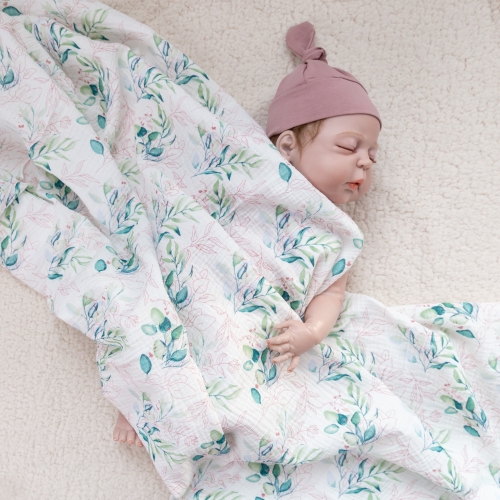 Plants printed cotton double gauze newborn baby wrap swaddle blanket