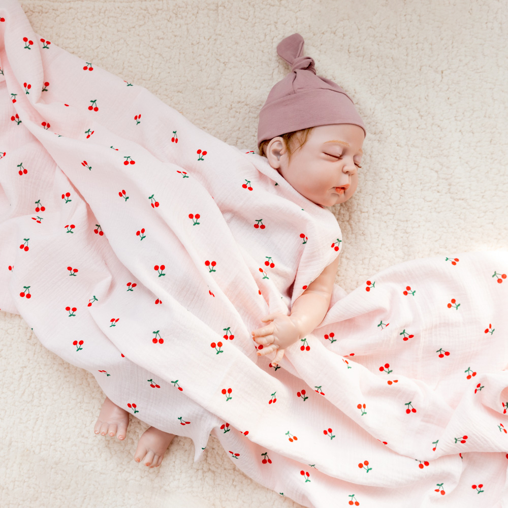 Baby pink adorable cherry print 100% cotton gauze swaddle wrap blanket