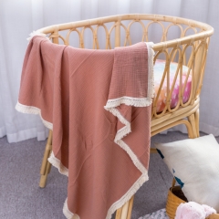 plain dyed 100% pure cotton muslin swaddle blanket with tassels