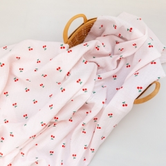 Thin and lightweight pink cherry pattern print new born baby 100 cotton double layer gauze muslin blanket fabric