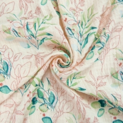 Idea for baby clothes comfortable touch crinkly texture custom leaf printed muslin cotton fabric
